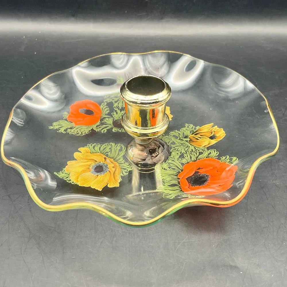 Vtg Pair of Glass Poppy Floral Ruffled Taper Candle Holders Gold Rim 6.75